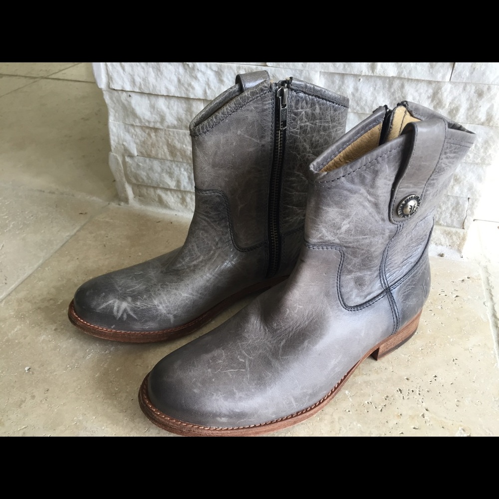 Frye Gray Leather Ankle Boots with Brown Sole